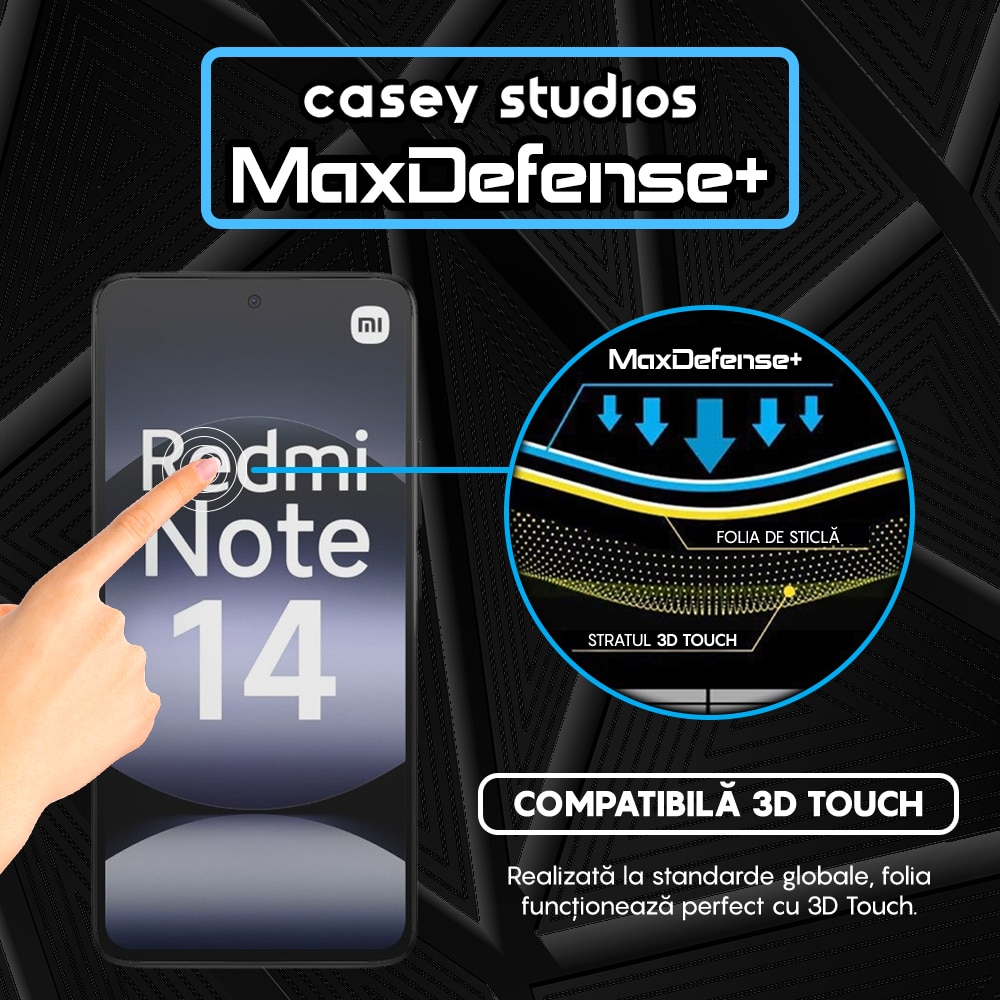 Folie Sticla CASEY STUDIOS pentru Xiaomi Redmi Note 14 4G, Full Glue, Sticla Securizata, Duritate Militara, Ultra HD, Protectie Profesionala Ecran 3D, Anti Zgarieturi, Anti Socuri