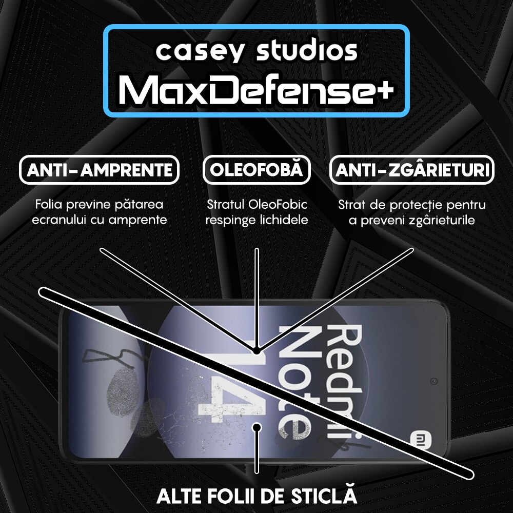 Folie Sticla CASEY STUDIOS pentru Xiaomi Redmi Note 14 4G, Full Glue, Sticla Securizata, Duritate Militara, Ultra HD, Protectie Profesionala Ecran 3D, Anti Zgarieturi, Anti Socuri