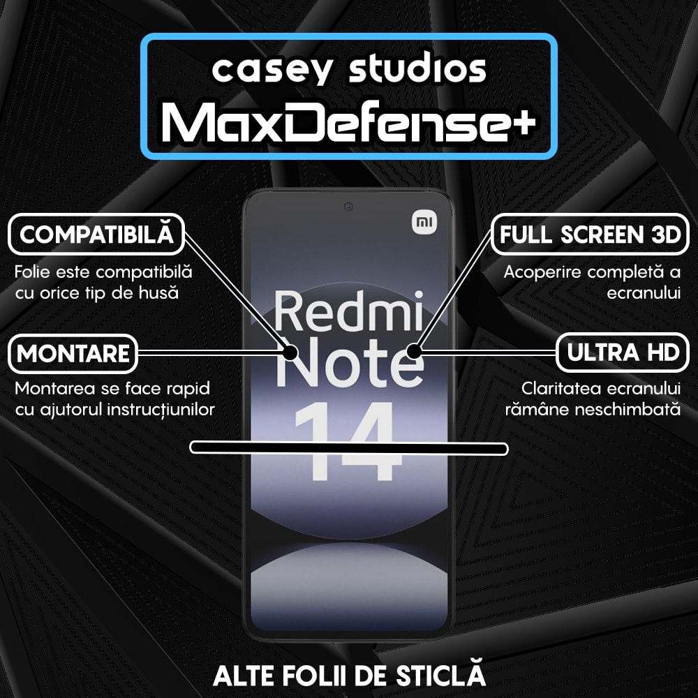 Folie Sticla CASEY STUDIOS pentru Xiaomi Redmi Note 14 4G, Full Glue, Sticla Securizata, Duritate Militara, Ultra HD, Protectie Profesionala Ecran 3D, Anti Zgarieturi, Anti Socuri