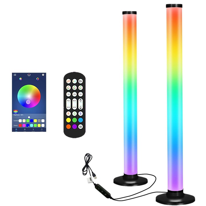 Kit LED FooFoony, 2 bare RGB cu sincronizare muzicală, alimentare USB, 46cm, colorate în gradatie