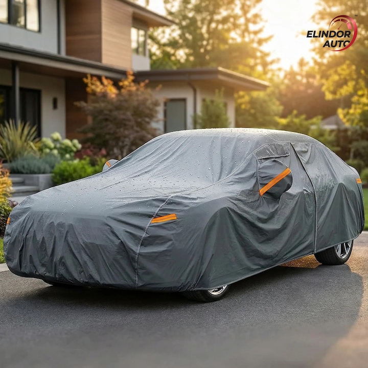 Prelata Auto Premium Elindor® Impermeabila, Protectie UV, Antisoare, Praf, Ploaie si Zapada, Toate Anotimpurile, Heavu Duty, Husa Exterior, Huse Protectie Completa, Universala, Accesorii Masina, Marime Sedan L, 458 × 178 × 120 cm, Gri Inch