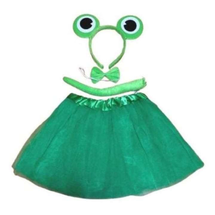 Costum fetiță broască, 4 piese, verde, fustă 28cm, talie 40-80cm