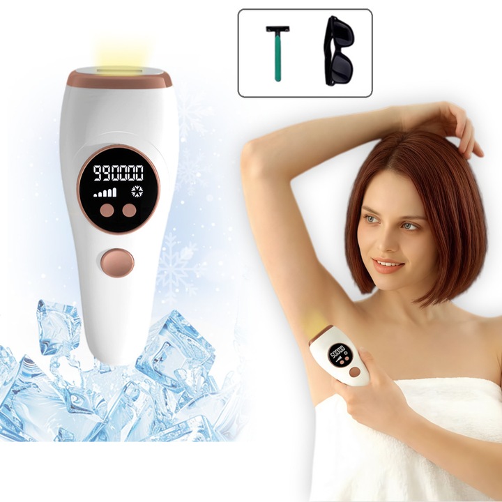 Excitat® Epilator Laser IPL Punct Zero cu Tehnologie de Racire - 999.999 Impulsuri, 5 Trepte de Intensitate, Universal Barbati si Femei, Epilare Permanenta, Moduri Automat si Manual, Epilare Corp Brat Picior Subarma Fata Inghinal