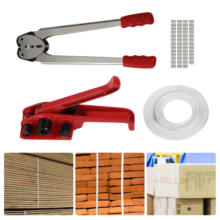 Set de bandare, intinzator si cleste de sigilare, rezistenta 40 kg, rosu/argintiu, banda 12-16 mm