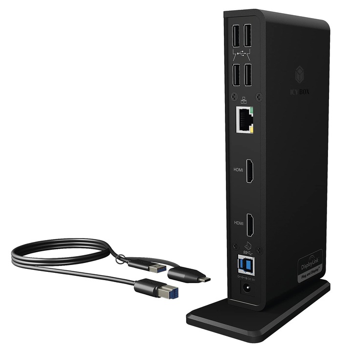 Докинг станция ICY BOX, USB-C 11-в-1, 2x HDMI, 6x USB 3.0, Gigabit Ethernet