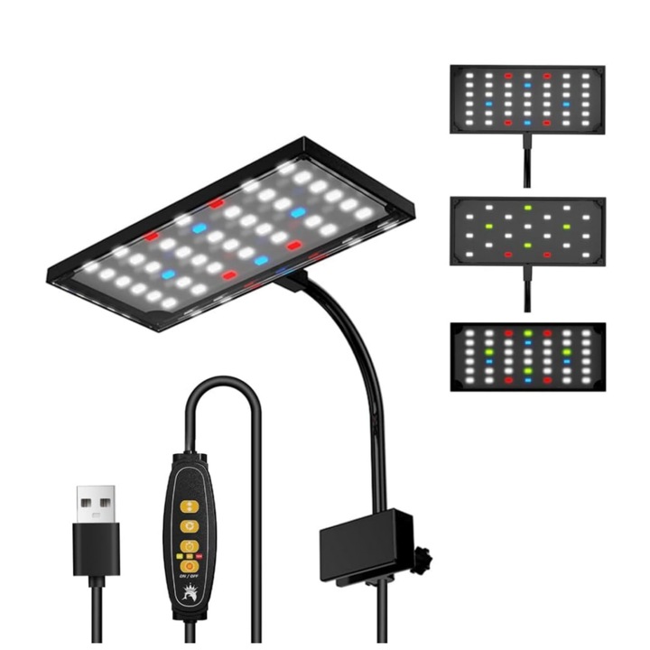 Lampa LED pentru acvariu, 14W, Suport reglabil la 360°, 10 niveluri de ajustare a luminozitatii, temporizator 3/9/12h, Cu adaptor, 27× 18.5× 8 cm, Lunniquee®, Negru