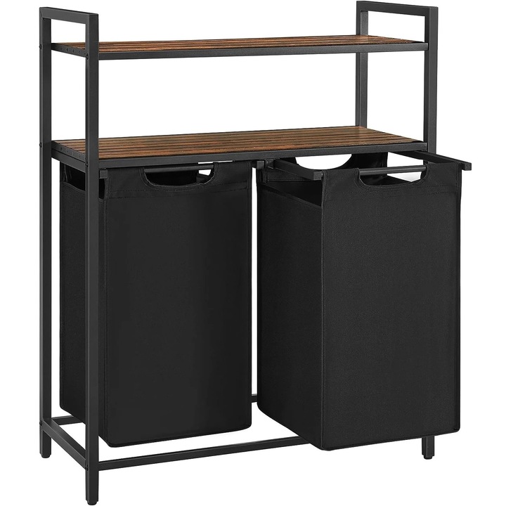 Cos de rufe, cu 2 saci detasabili, 2 rafturi, capacitate de 46L per sac, 73x33x72cm, maro rustic si negru