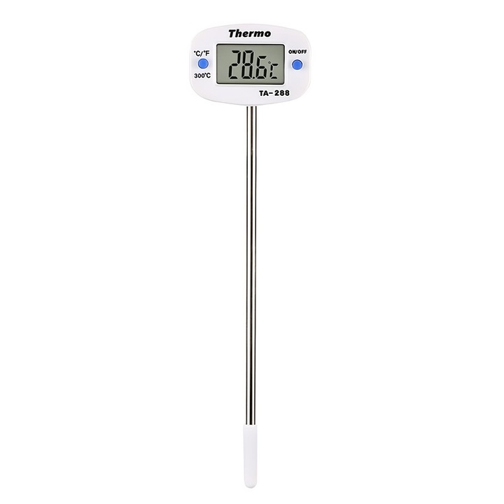 Termometru de bucatarie LCD cu sonda pentru carne si lichide, interval -50°C – 300°C, afisaj LCD, sonda inox 14 cm, culoare Alb
