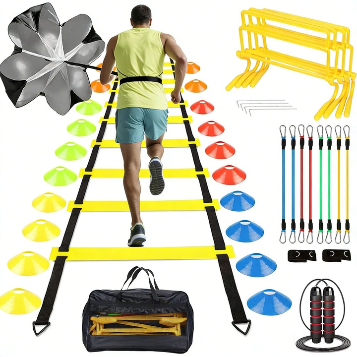 Set Antrenament Sportiv Bedee, 35 Piese, Scara Agilitate 5m, 20 Conuri, Umbrela Rezistentă, Coarda de Sărit, 4 Gardulețe, 8 Bende, Galben, Cu Geantă Transport