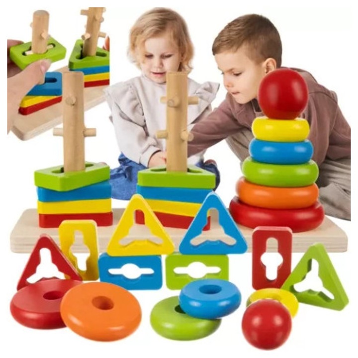 Дървен сортировач за пъзели, Kruzzel, многоцветен, 30x15x12см, образователна игра Монтесори