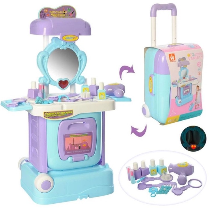 Trusă de toaletă pentru copii tip valiză, Toy Toy Toy, 26 accesorii, cu lumina și melodie, albastră, 49x18x23cm