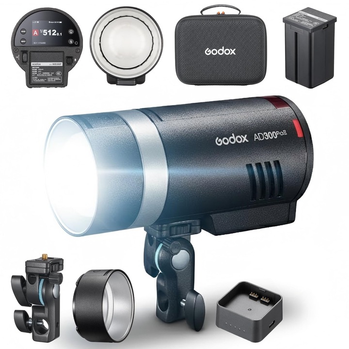 GODOX AD300Pro II Flash TTL HSS pentru Exterior, 350 de Flash-uri la Putere Maxima/Reglare Putere 1/512-1/1/Timp de Reincarcare 0.01-1.5s/16 Led-uri Indicatoare de Grup Color/Lampa de Modelare Bi-Color de 12W/Ecran Color HD
