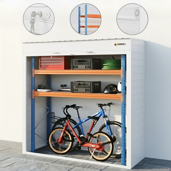 Dulap depozitare exterior ParkingBox® GARDENBOX, perfect pentru terasa, curte, parcare, Depozitare biciclete, mobilier, scutere, roti, Raft spatios cu 2 polite reglabile, Usa rulou cu incuietoare, 200x216x75 cm, Aluminiu, Alb