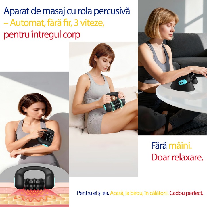 Ütögetős masszírozó görgőkkel – Újratölthető, 3 sebességes, kihangosító tartóval, 1800 mAh akkumulátor, méret 20x16x7 cm, kék szín