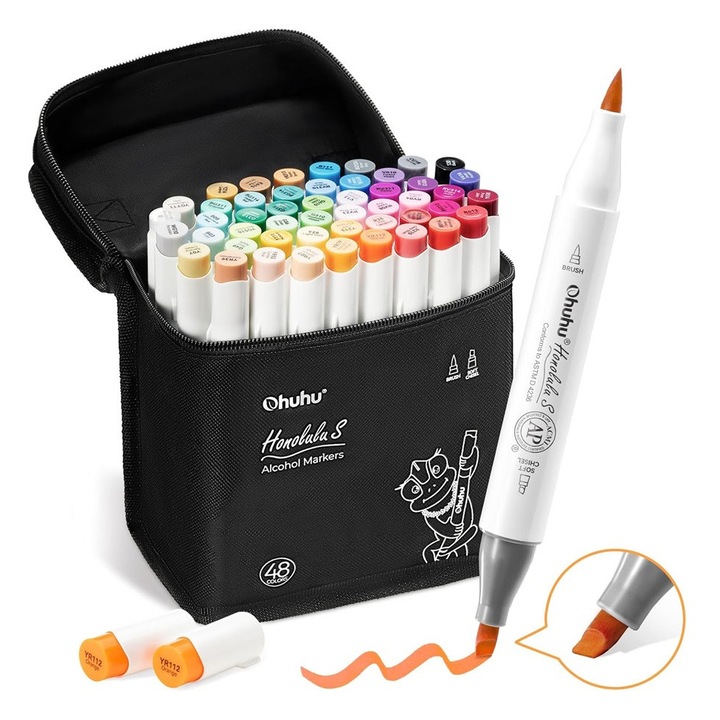 Комплект от 48 маркера Ohuhu Honolulu S, на алкохолна основа, двойни меки върхове тип четка и меко длето, многоцветни