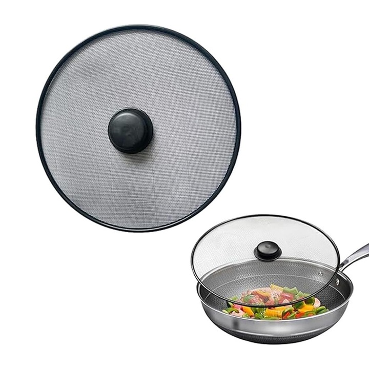 Capac Anti-Stropire Ulei, FryGuard Pro-Mesh, Universal pentru Tigai si Oale, Diametru 29 cm, Material Otel Inoxidabil, Anti-Grasime, Ergonomic, Protectie Aragaz si Faianta, Previne Arsurile, Negru