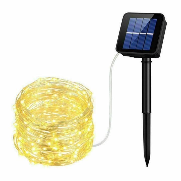 LED гирлянд, ISSNW, 200 LED, соларно захранване, 20м, водоустойчив
