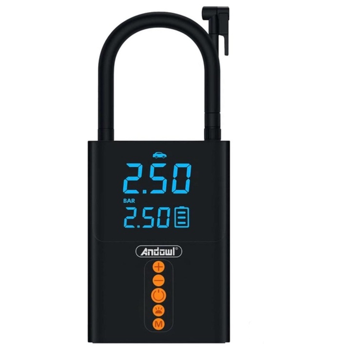 Compresor auto portabil Andowl 5 in 1, negru, baterie externă, lanternă LED