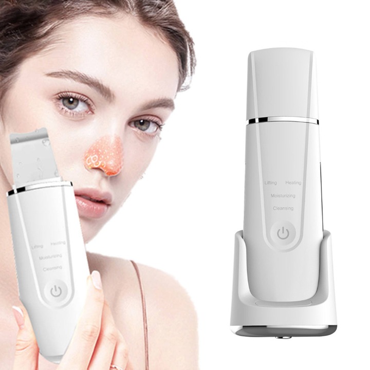 Excitat® Aparat Ultrasunetic de Curatare Faciala 4 in 1 - EMS+RF Lifting 24000 Hz, Incarcare Wireless Baterie Integrata, Curatare Pori Maruntisuri, Masaj 3D Hidratant, Piele Sensibila si Grasa ，Alb