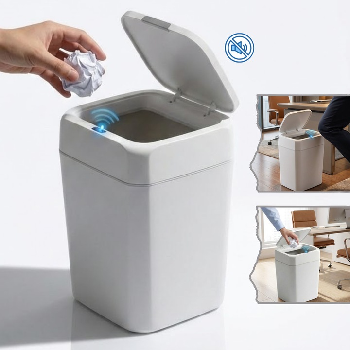 Cos de gunoi automat cu senzor de miscare infrarosu 12 L Salestore.ro®, pentru Bucatarie, baie sau oficiu, Capac inteligent Anti-Miros, deschidere-inchidere Silentioasa, Design Elegant, Alb, Rezistent la apa IPX5