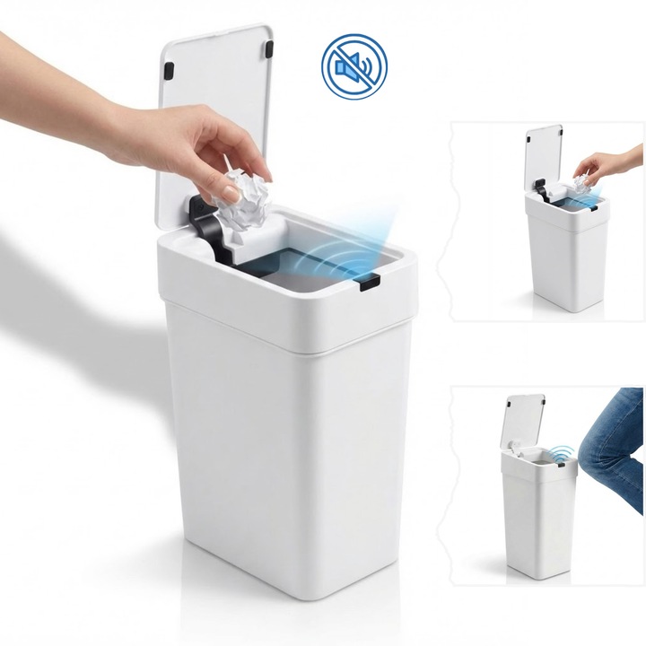 Кош за боклук със сензор за движение Salestore, автоматичен, 9 л, бял, тънък дизайн, водоустойчив IPX5, 21.8x13x31.5 см