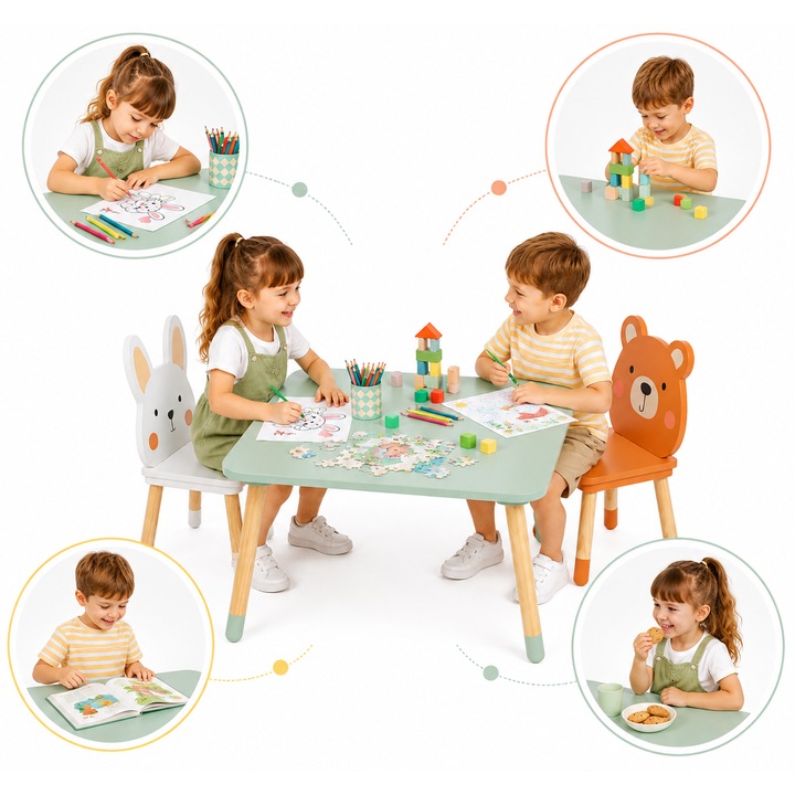 Set Mobilier Multifunctional Masuta cu Doua Scaune Sweet Animals din Lemn pentru Copii, Scaune Adorabile Model Bear&Bunny, Design Scandinav, Picioare Solide din Lemn de Pin, Blat MDF Rezistent la Zgarieturi, Calitate Premium, Indiggo@, Green Woody