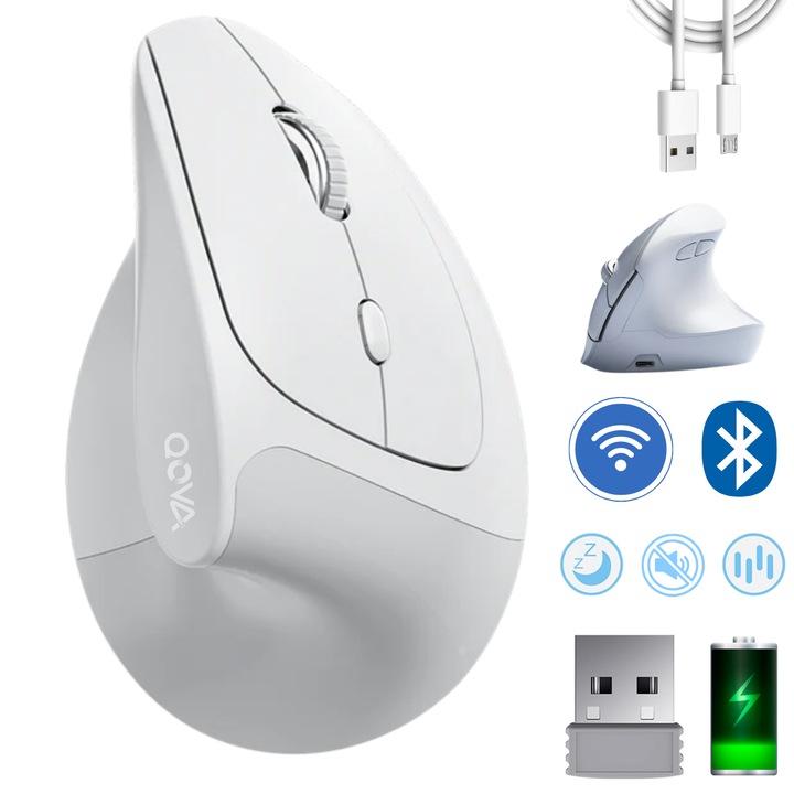 QOVA Egér, függőleges, vezeték nélküli, ergonomikus, Bluetooth 5.0 és USB 2.4GHz csatlakozás, csendes, 2400 DPI állítható, USB-C töltés, Windows/Mac/Linux kompatibilis, irodai egér, gyors Plug & Play csatlakozás, 58°-os ergonomikus szög, fehér