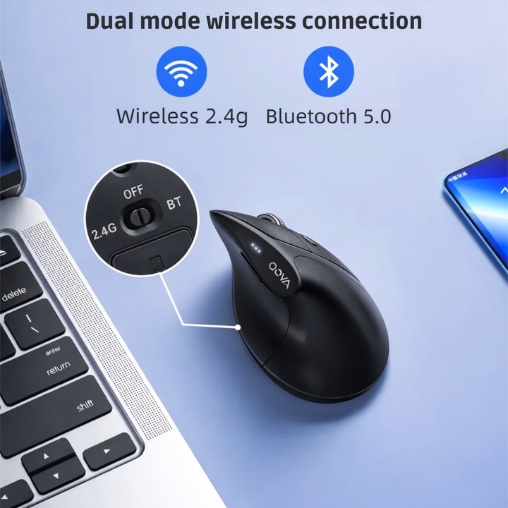 Вертикална безжична ергономична мишка, QOVA®, Свързване чрез Bluetooth 5.0 & USB 2.4GHz, Тиха, 2400 DPI Регулируема, Акумулаторна USB-C, Съвместима с Windows/Mac/Linux, Безжична офис мишка, Бързо Plug & Play свързване, Ергономичен ъгъл от 58°, Черна
