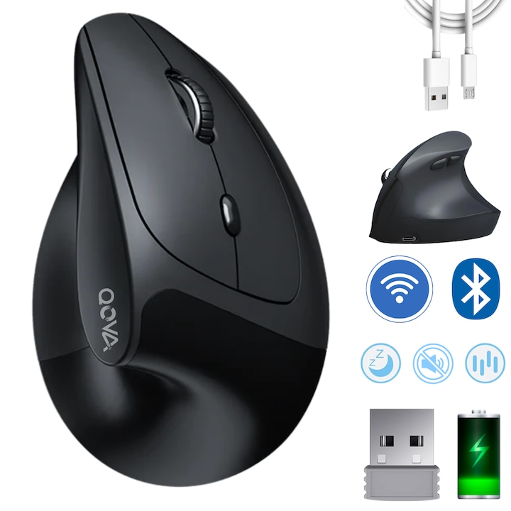 Mouse Vertical Wireless Ergonomic, QOVA®, Conectare prin Bluetooth 5.0 & USB 2.4GHz, Silentios, 2400 DPI Reglabil, Reincarcabil USB-C, Compatibil Windows/Mac/Linux, Mouse Office Fara fir, Conectare rapida Plug & Play, Unghi ergonomic de 58°, Negru