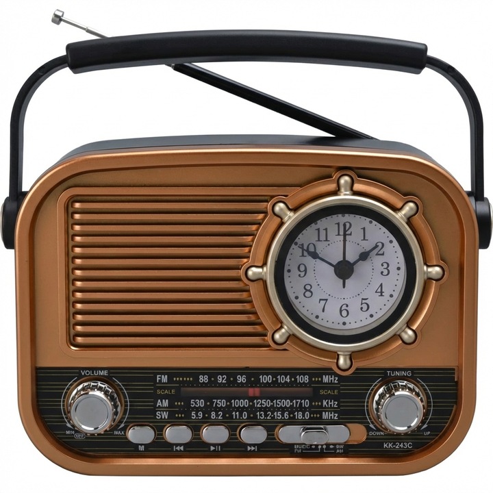 Радио Elworld KK243C, преносимо, MP3 плеър USB и TF, AM/FM/SW 3-лентово радио, функция часовник, зареждане Type-C, вградена презареждаема батерия