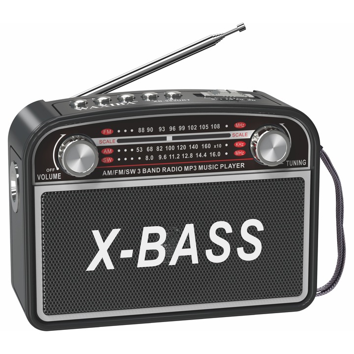 Radio portabil Elworld XB-983URT, AM/FM/SW, player MP3, lanterna, negru, 17.1x7.7x14.2cm