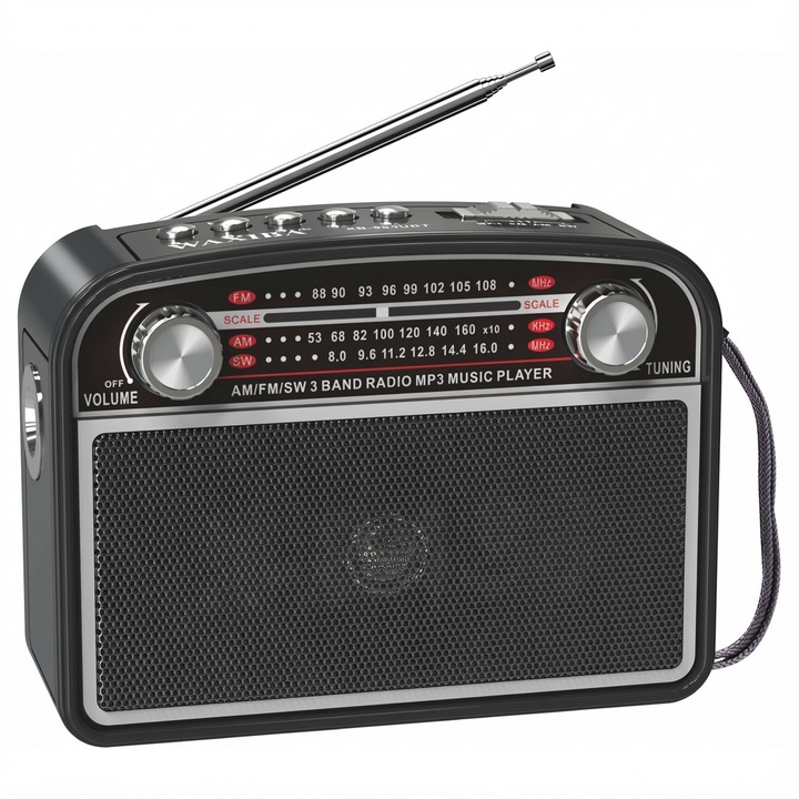 Elworld XB-983URT Преносимо радио, черно, с фенерче, AM/FM/SW 3-лентово радио, MP3 плейър, вградена презареждаема батерия, черно