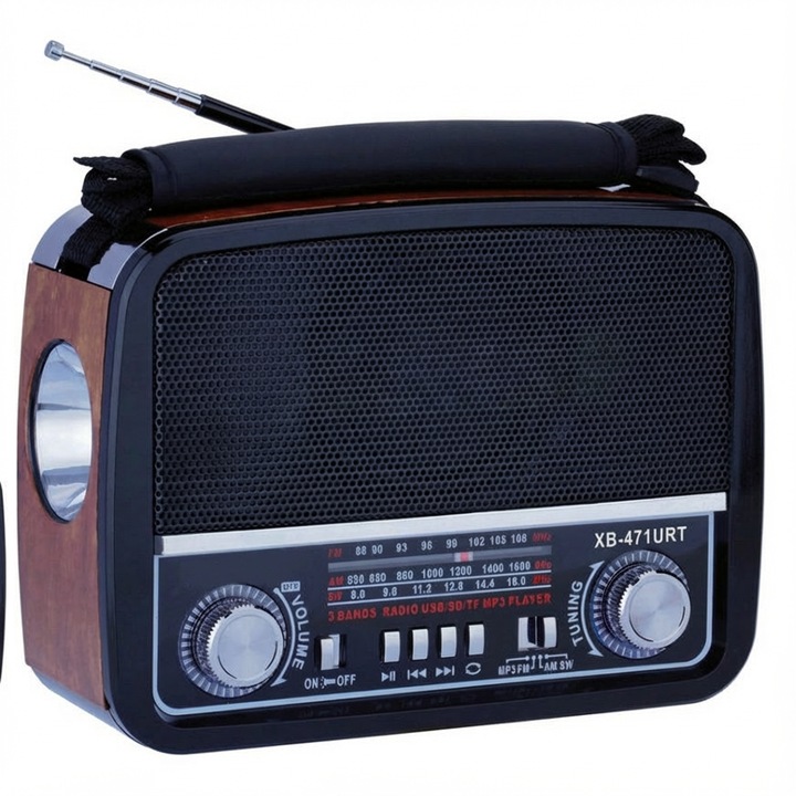 Elworld XB-471URT преносимо радио с фенерче, AM/FM/SW 3-лентово радио, USB/SD/TF MP3 плейър, AUX вход, вградена презареждаема батерия, кафяво