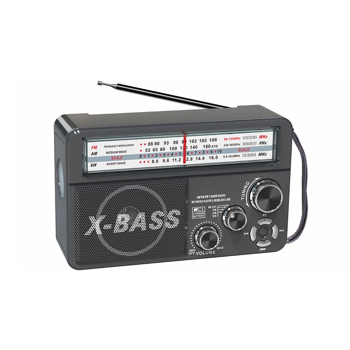 Elworld XB-2301URT преносимо радио с фенерче, AM/FM/SW 3-лентово радио, MP3 плейър, високочувствителна антена, вградена презареждаема батерия, черно