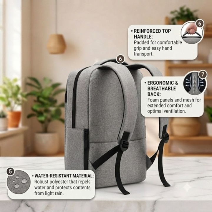 Rucsac laptop, 15,6 inch, compartiment multifunctional, buzunare frontale si laterale, barete ajustabile,30x14x38, Poliester, culoare Gri