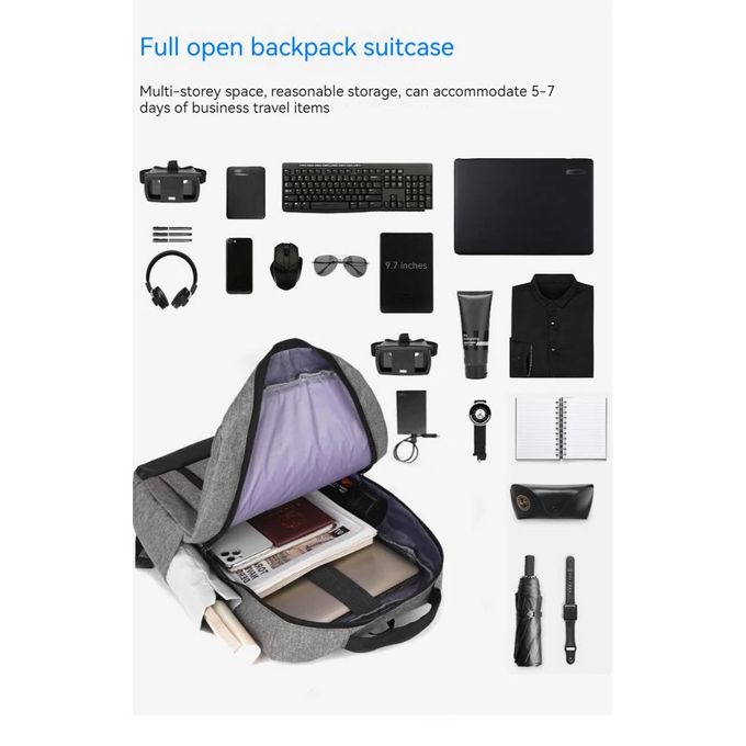 Rucsac Multifunctional pentru laptop pana la 15,6 inch, Design Slim, Port USB, 7 Compartimente, Bretele ajustabile, culoare Gri