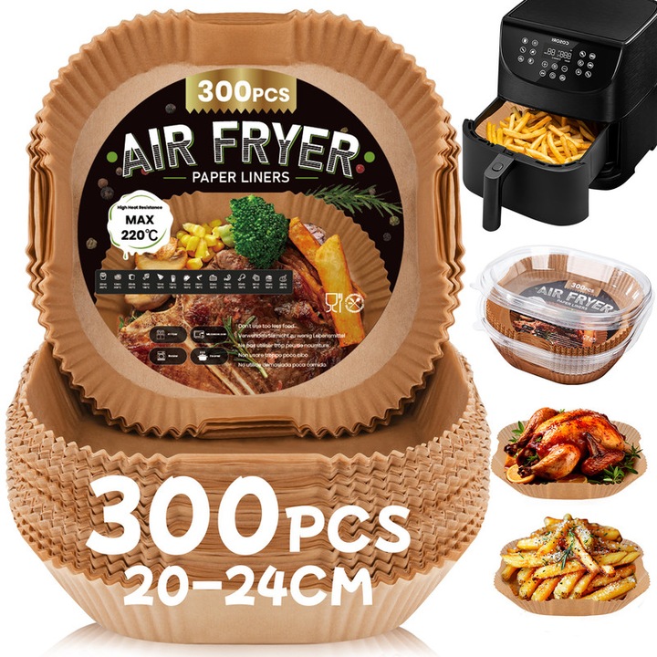 Set 300 Bucati Hartie de copt pentru Air Fryer, Balitta, 20cm×20cm×4.5cm, Maro, Patrat