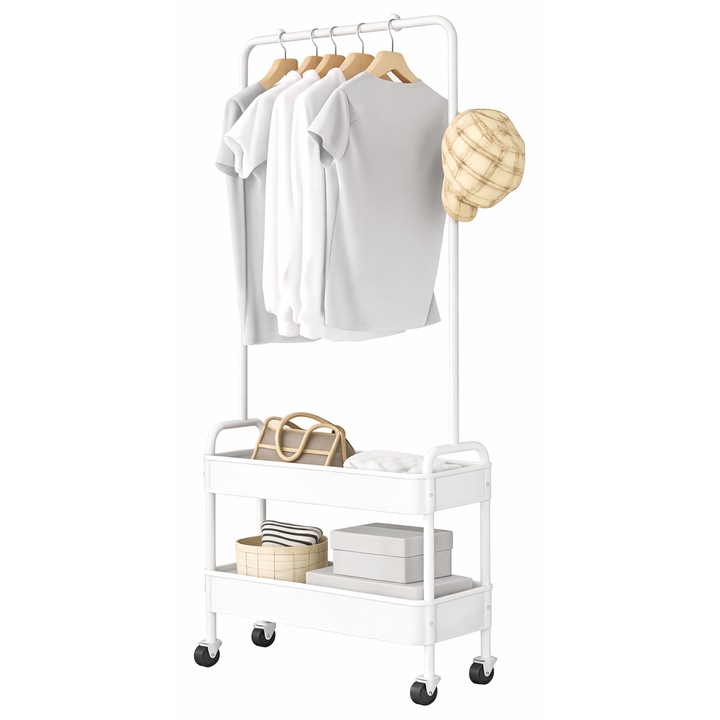 Suport portabil pentru haine, awwaline, alb, 2 compartimente, 2 carlige, 159x67x30cm