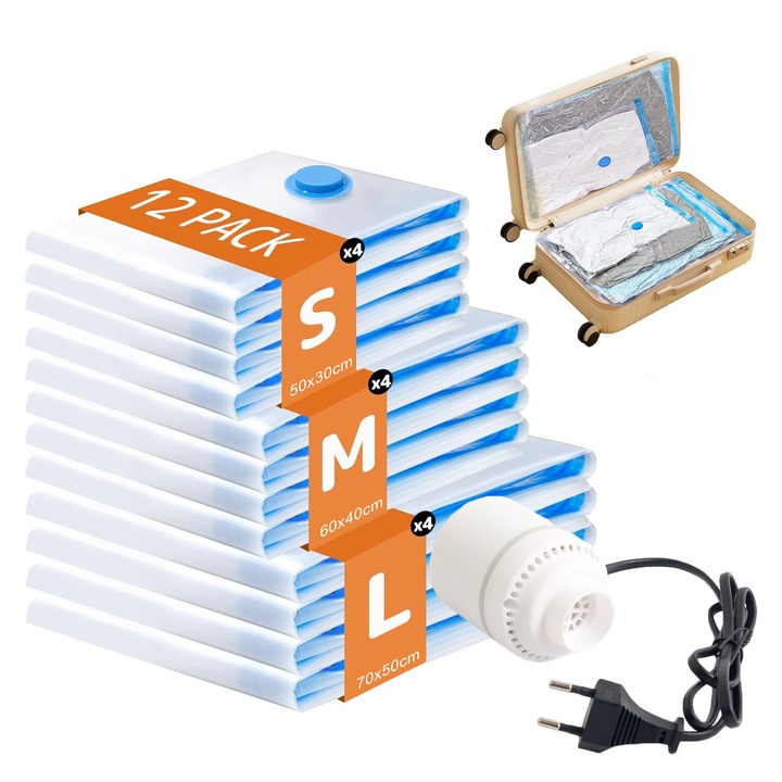 Set 12 saci vidat haine cu pompa, AFKSMILE, Waterproof, 50x30/60x40/70x50cm, Transparent