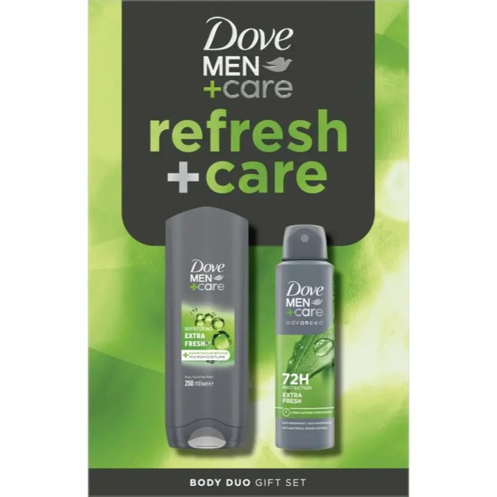 Set Dove Men+Care Refresh - Gel de dus 250 ml + Antiperspirant spray 150 ml, Prospetime, Protectie 48h