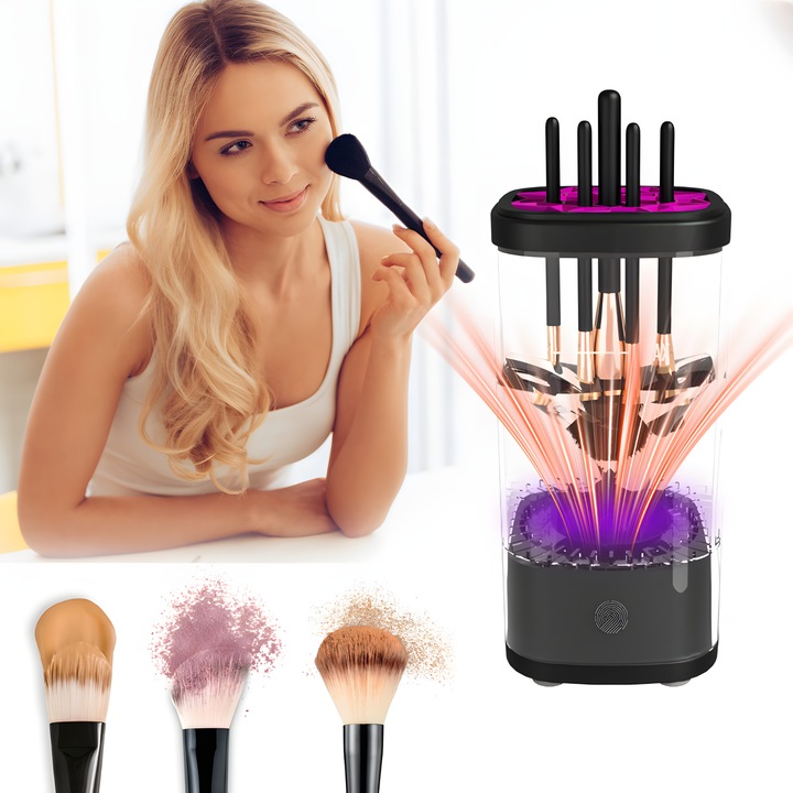 Aparat Electric Profesional Curatare Pensule Machiaj 3 in 1, Nerele, Curatare Automata + Dezinfectare UV + Uscare Rapida, 7000 RPM, Touch Button, Compatibil Toate Dimensiunile, USB Type-C, Pentru Uz Acasa si Profesional, Negru