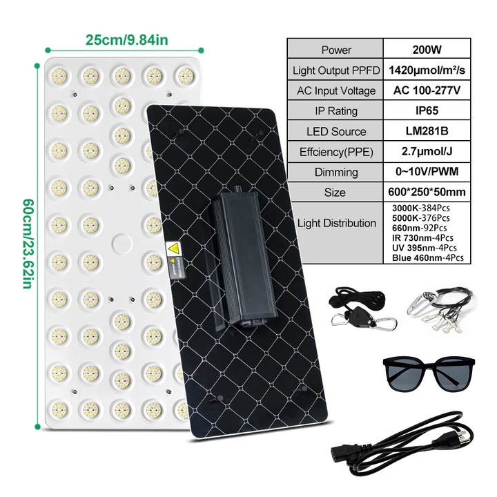LED növénynevelő lámpa teljes spektrummal, Grow light 200W, Magas PPFD, Forgó dimmerrel szabályozható, LM281B, 3000K 5000K 395nm 730nm, Üvegházakhoz és palántákhoz