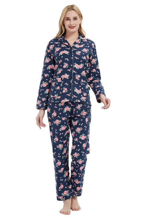 Set Pijama Dama Finet Global, Bumbac, Model FLORAL ROZ, Bleumarin