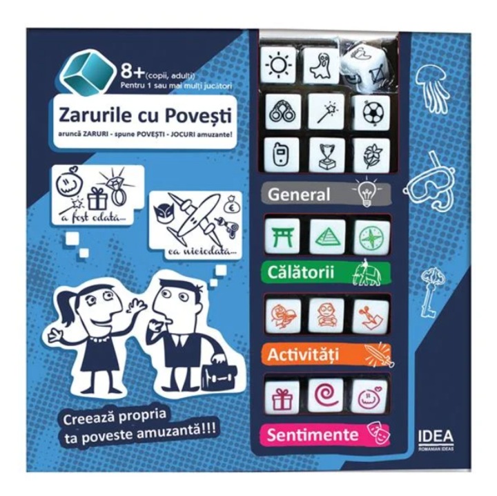 Zarurile cu Povesti, Joc de Societate, 18 zaruri, cutie de depozitare, multicolor, 2+ jucători