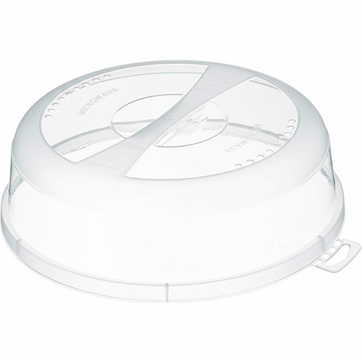 MicroShield Pro-Cover, Suport Anti-Stropire pentru Farfurii, Diametru Universal 24 cm, Material Plastic Alimentar, Fara BPA, Orificii Evacuare Abur, Rezistent la Temperaturi Inalte, Maner Ergonomic, Previne Murdaria si Mirosurile in Cuptor, Transparent