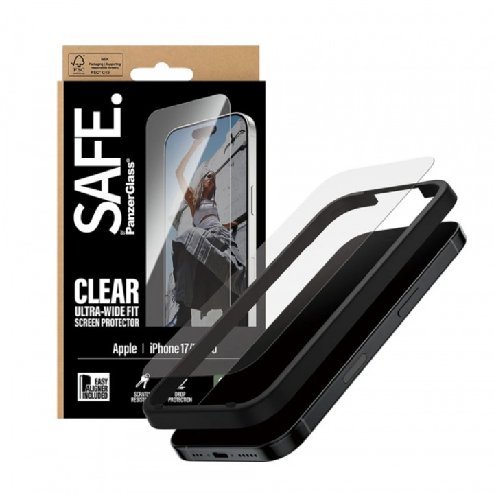 SAFE edzett üveg kijelzővédő by PanzerGlass Ultra-Wide Fit EasyAligner iPhone 17 / 16 Pro készülékhez