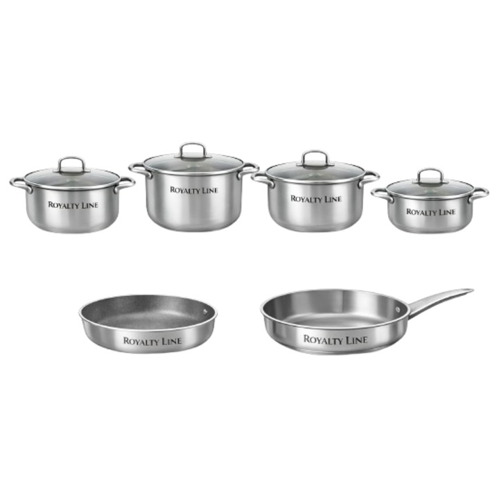 Set vase gătit Royalty Line 10 piese inox silver, dimensiuni variate
