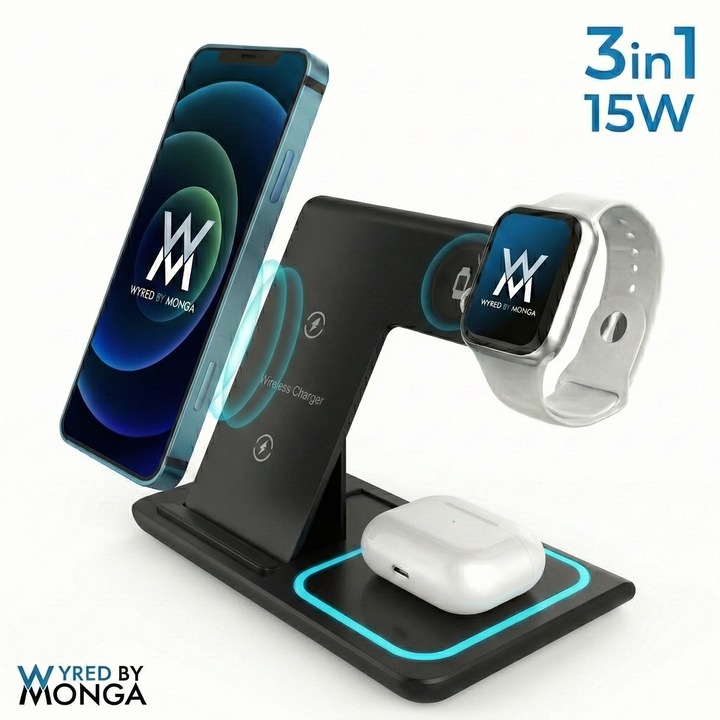 Statie Incarcare Wireless 3-in-1 Pliabila Wyred by Monga, 15W, Qi, Negru