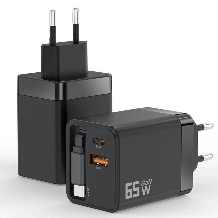 Incarcator Retea, 2 Porturi, 65W Fast Charge, 1 x USB, 1 x Type-C, Cablu de date inclus USB-C, Universal, Compatibil telefon, Smartwatch, iPhone, Huawei, Samsung, Xiaomi, Culoare Negru