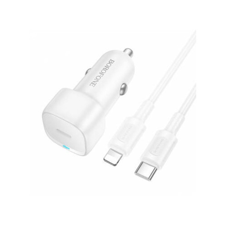 Incarcator Borofone Auto Cu Cablu Lightning BZ34A Cloud 20W 3A 1 x USB-A - 1 x USB-C Alb